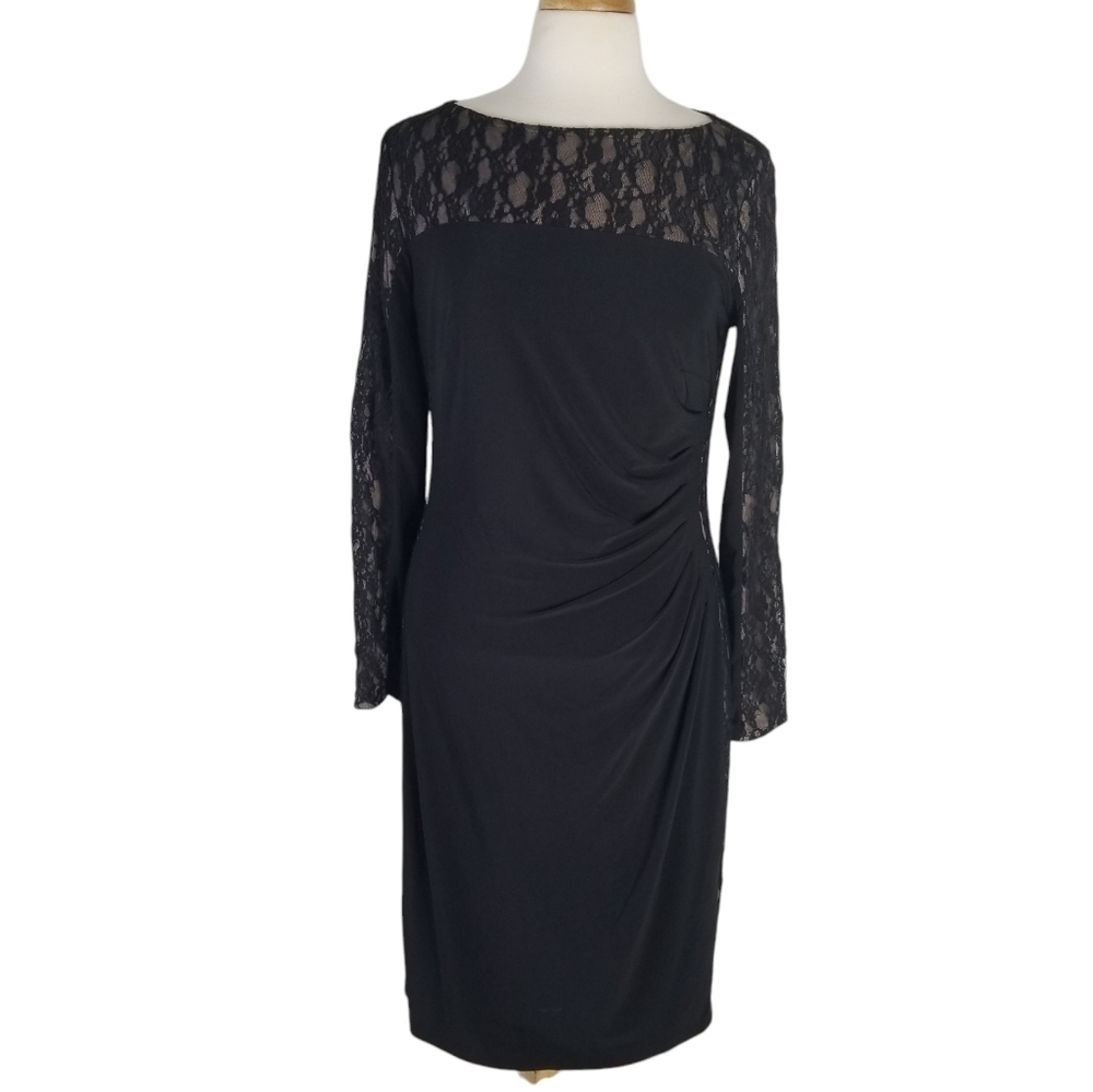 Lauren Ralph Lauren Black Side Ruched Lace Sheath Dress Size 6 Stretchy